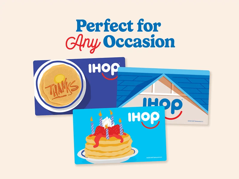 A holiday themed IHOP gift card, featuring an IHOP restaurant ornament on a tree, on top of a $5 bonus card.