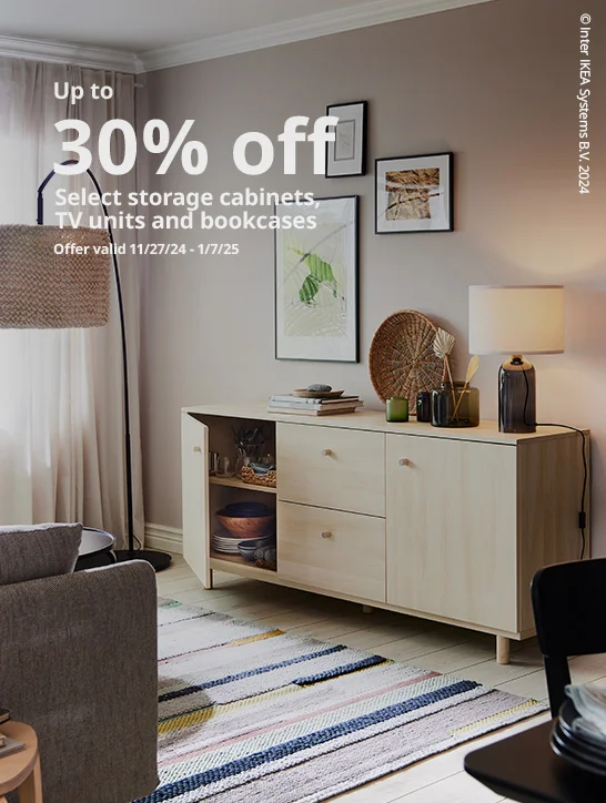 up to 30% off select storage cabinets, TV units, bookcases