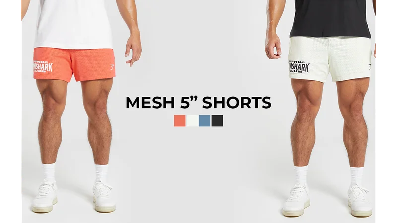 Featuring the Lifting Club Mesh 5'' Shorts available in solstice orange, off white, denim blue, and black.