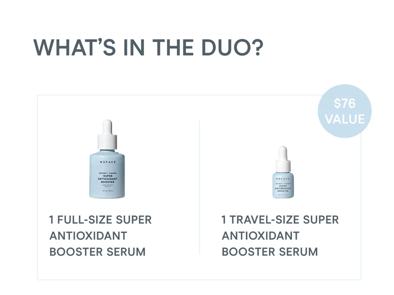 What’s in the duo? 1 full-size Super Antioxidant Booster Serum and 1 travel-size Super Antioxidant Booster Serum ($76 value)