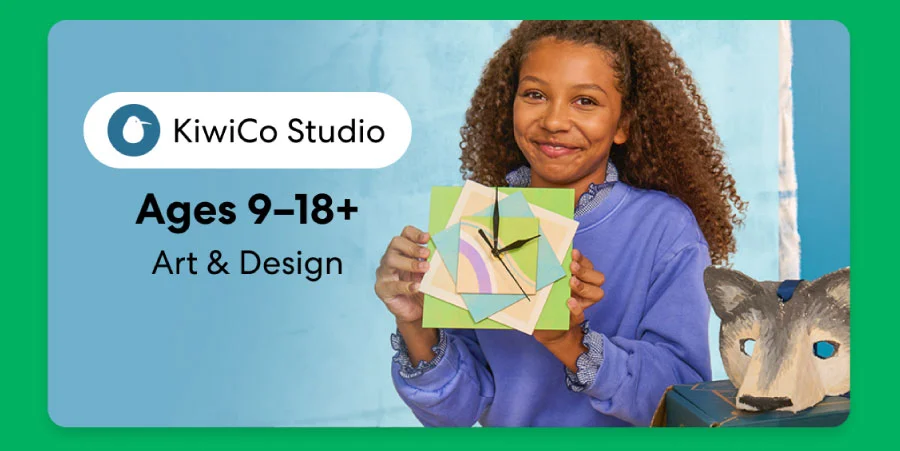 Smiling teen holding a colorful KiwiCo art and design project. Inspires creativity for ages 9–18+