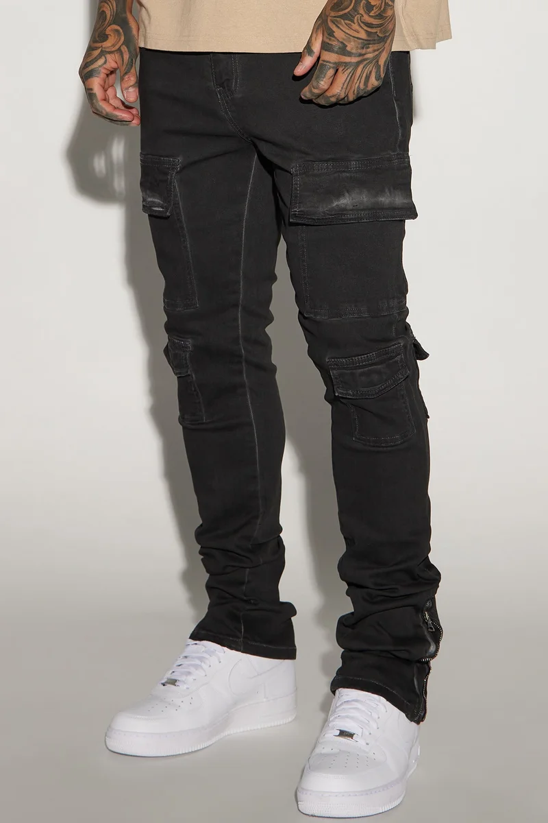 Image of Triple Cargo Stacked Skinny Flare Jeans - Black Wash