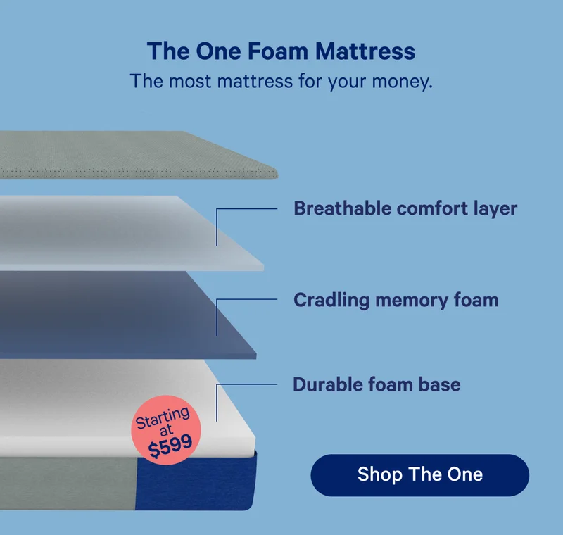 The One Foam Mattress; The most mattress for your money. Breathable comfort layer, Cradling memory foam, Durable foam base; Starting at $599
