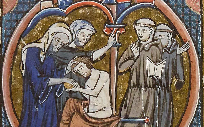 Cathars (left) perform the consolamentum (Cathar baptism) while two Franciscans (right) look on in horror at their heresy in a miniature from a 13th-century French bible moralisée, an instructional Bible picture book.