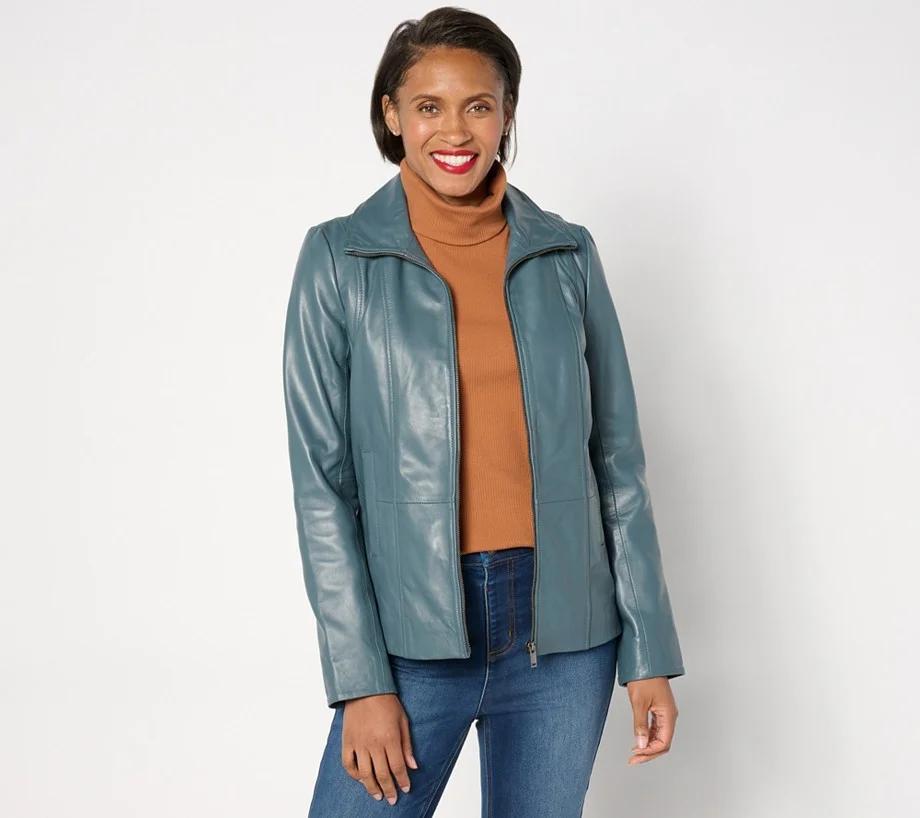 Denim & Co. Lamb Leather Zip Front Seamed Jacket with Pockets