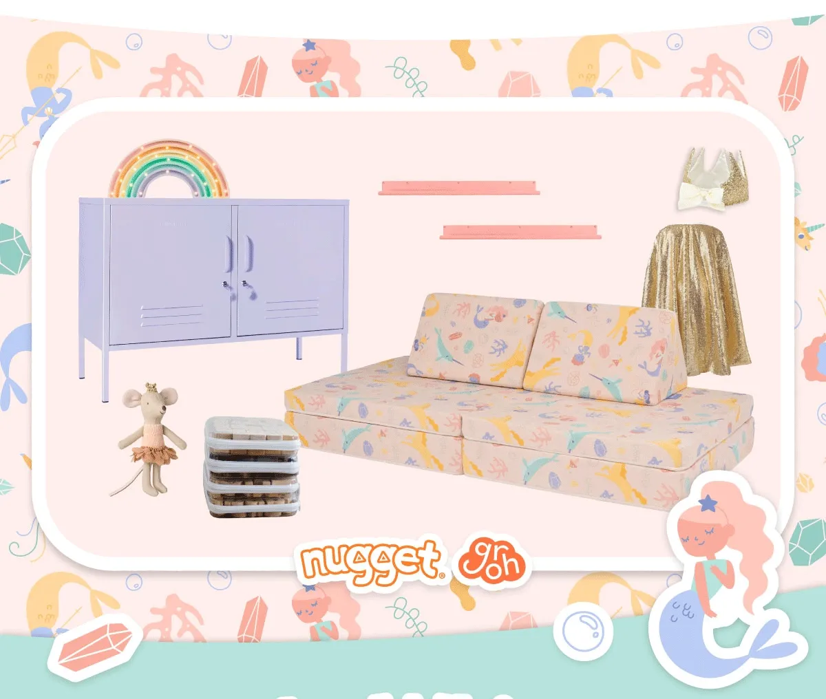 A mood board featuring a lavender cabinet with a rainbow light up decoration, pink wall shelves, a gold dress up outfit, a Maileg mouse toy, stacked toy bins, and a Fable Nugget.