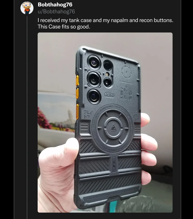 u/Bobthahog76 on Reddit: "I received my tank case and my napalm and recon buttons. This case fits so good."