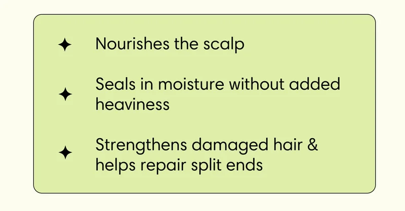 Nourishes the scalp  // Seals in moisture without added heaviness // Strengthens damaged hair & helps repair split ends