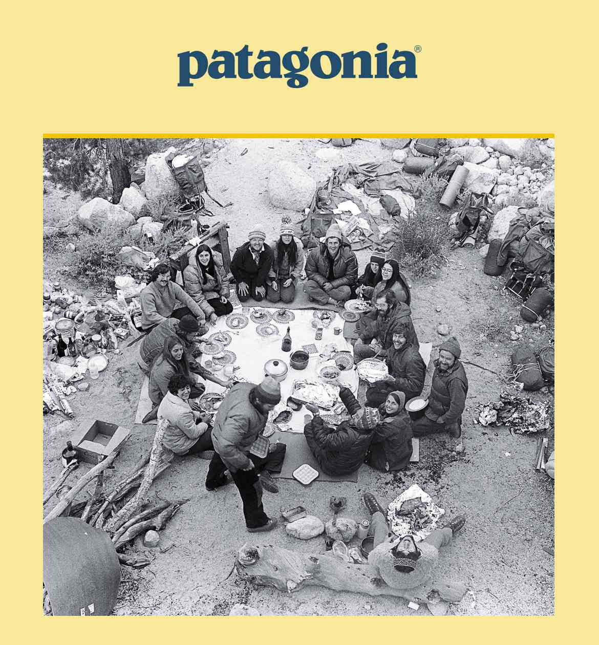 Patagonia. A group of friends gather for a meal outside.