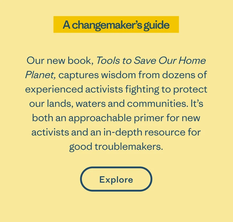 A changemaker’s guide. Our new book, Tools to Save Our Home Planet, captures wisdom from dozens of experienced activists fighting to protect our lands, waters and communities. It’s both an approachable primer for new activists and an in-depth resource for good troublemakers.