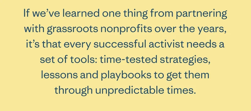 If we’ve learned one thing from partnering with grassroots nonprofits over the years, it’s that every successful activist needs a set of tools: time-tested strategies, lessons and playbooks to get them through unpredictable times.