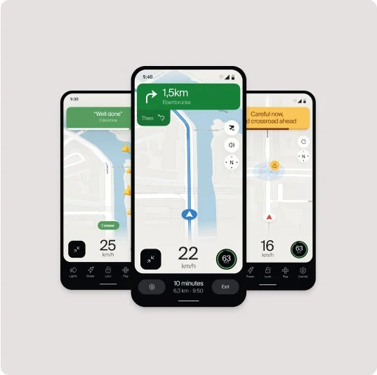 A render. Cowboy e-bike companion app interface showing navigation functionality on multiple screens.