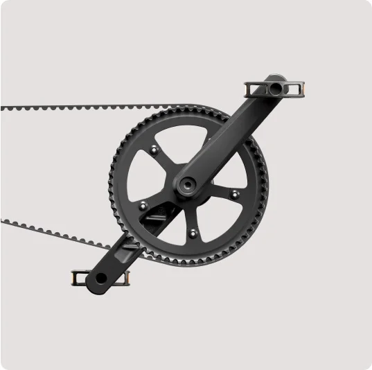 A render of a Cowboy e-bike drivetrain, featuring a black belt drive system with a sleek chainring and pedal arm design.