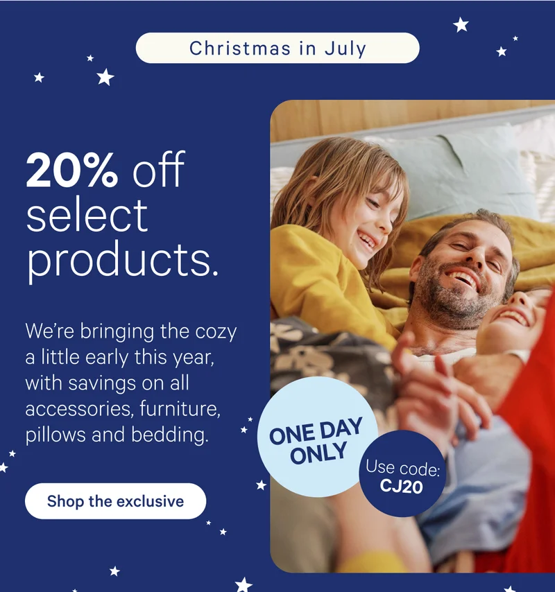 20% off select products. We're bringing the cozy a little early this year, with savings on all accessories, furniture, pillows, and bedding. Use code: CJ20