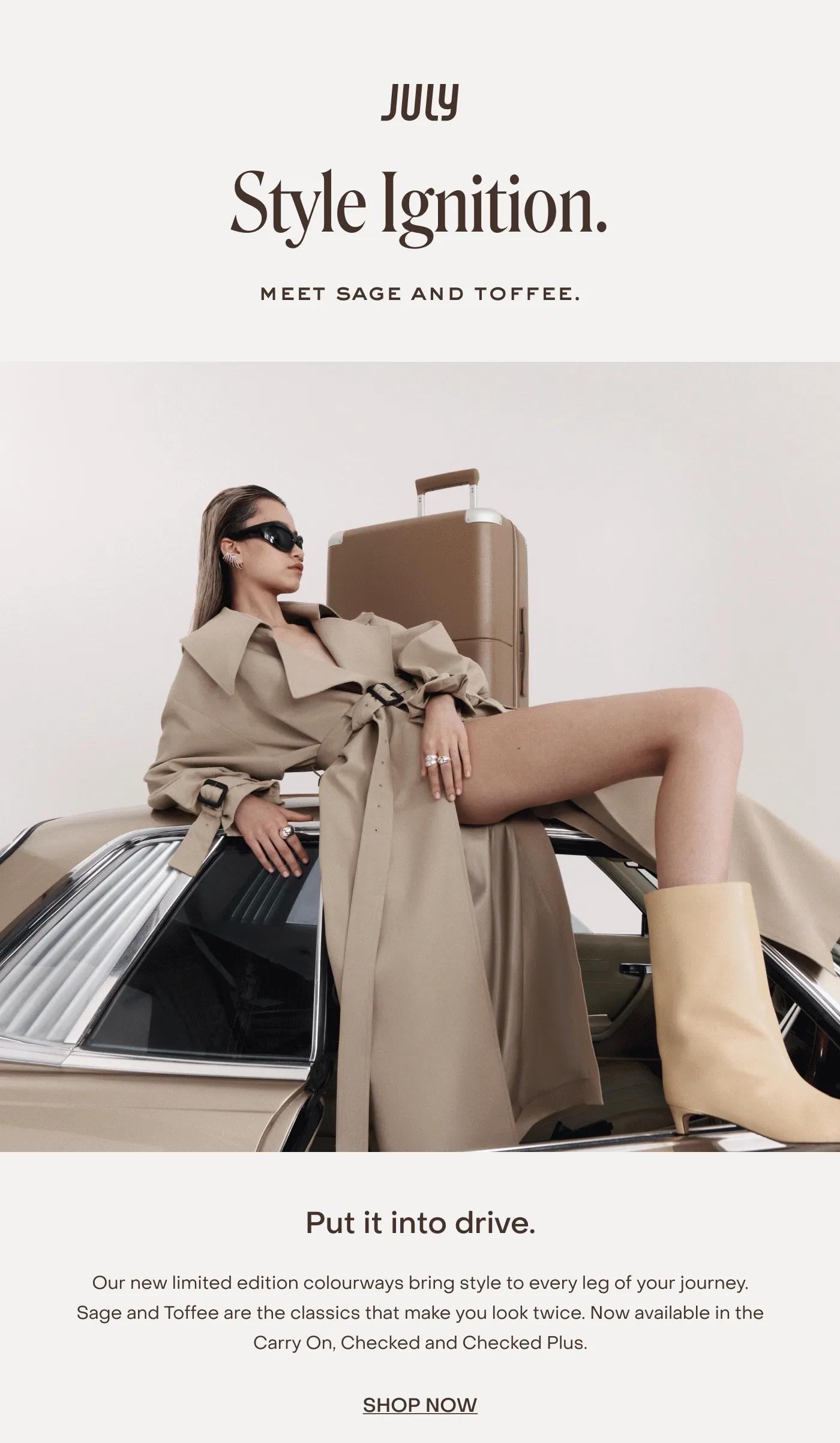 Style Ignition. meet sage and toffee. Our new limited edition colourways bring style to every leg of your journey. Sage and Toffee are the classics that make you look twice. Now available in the Carry On, Checked and Checked Plus.