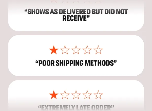 Selection of reviews calling out our bad shipping.