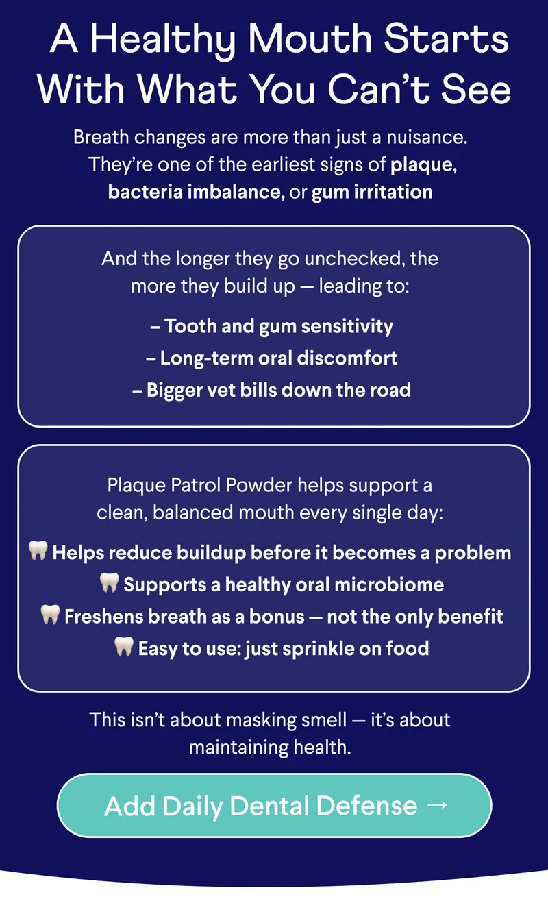 Text: &nbsp;A Healthy Mouth Starts With What You Can’t See Breath changes are more than just a nuisance.  They’re one of the earliest signs of plaque, bacteria imbalance, or gum irritation And the longer they go unchecked, the more they build up — leading to:  – Tooth and gum sensitivity  – Long-term oral discomfort  – Bigger vet bills down the road Plaque Patrol Powder helps support a clean, balanced mouth every single day: 🦷 Helps reduce buildup before it becomes a problem  🦷 Supports a healthy oral microbiome  🦷 Freshens breath as a bonus — not the only benefit  🦷 Easy to use: just sprinkle on food This isn’t about masking smell — it’s about maintaining health. CTA: Add Daily Dental Defense →