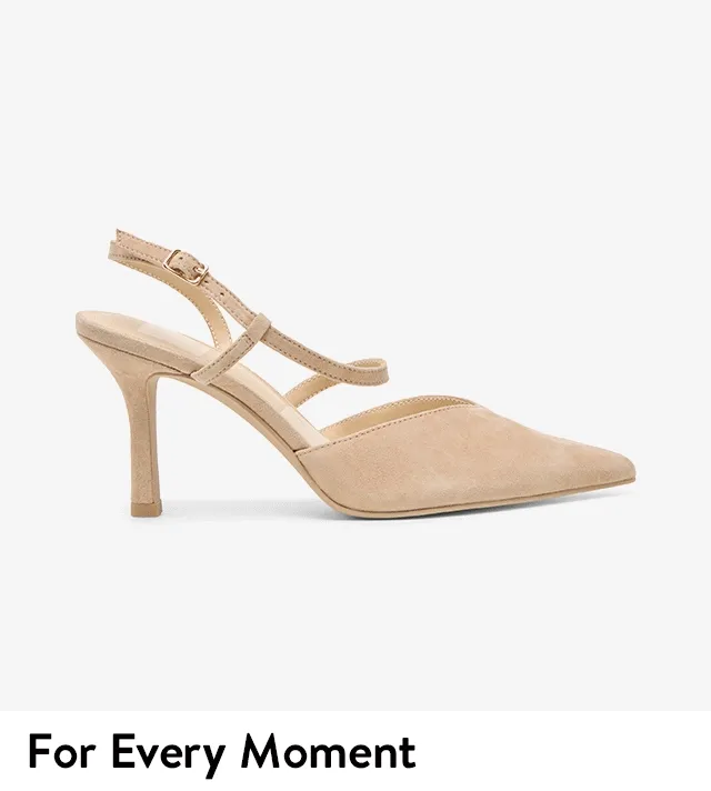 A beige heel, burgundy heel, brown flat and white flat.