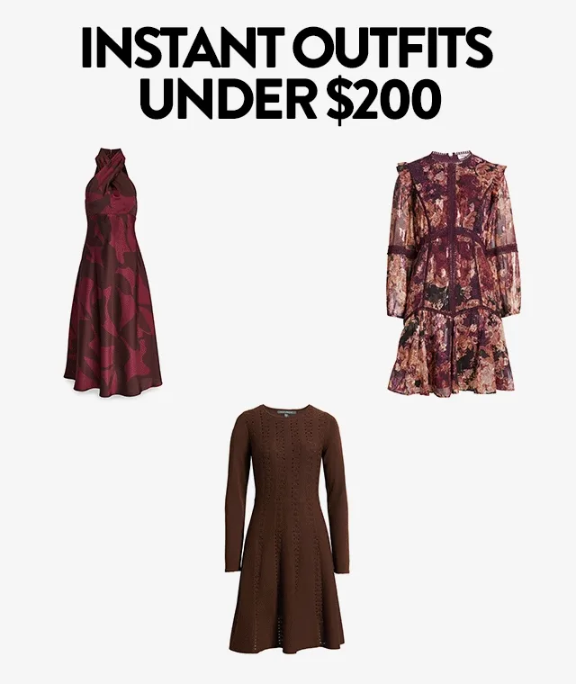 Six dresses: a halter gown, floral mesh midi dress, lace trapeze dress, one-shoulder velvet gown, sweater dress and floral minidress.