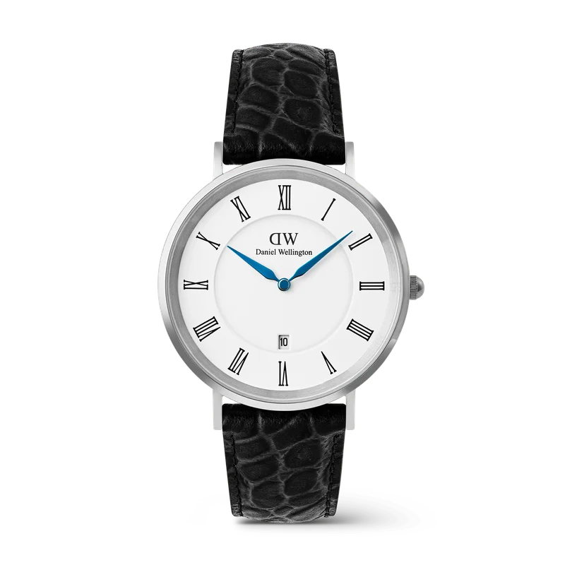 Classic Roman Numerals Date Black Croc Belly Silver