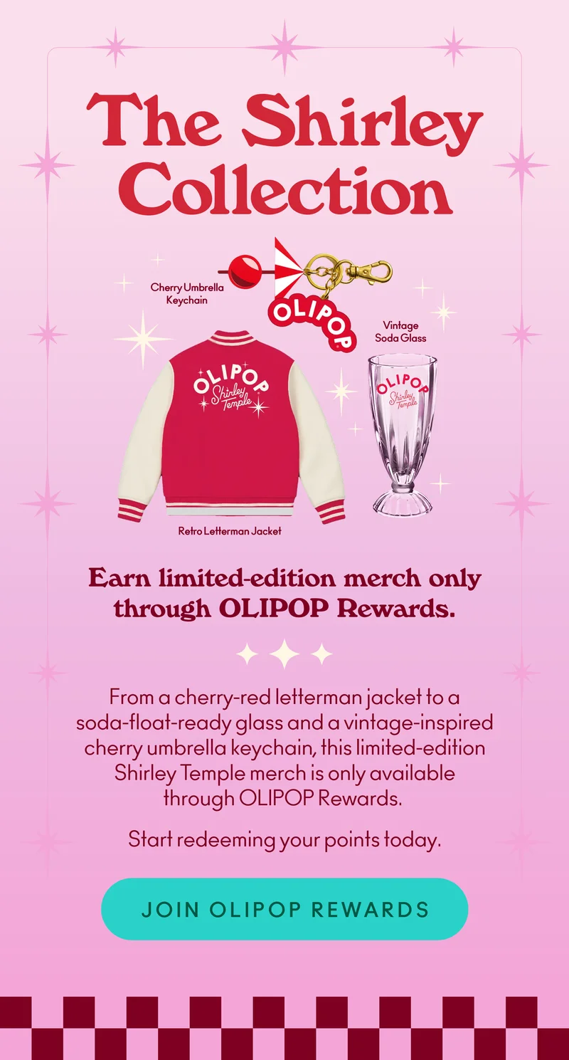 From a cherry-red letterman jacket to a soda-float-ready glass and a vintage-inspired cherry umbrella keychain, this limited-edition Shirley Temple merch is only available through OLIPOP Rewards. Start redeeming your points today!