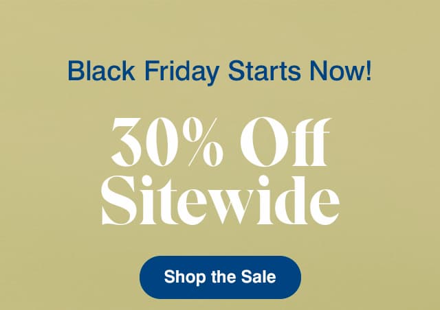 A moss green background with wrapped presents and tinsel decoration The email says Black Friday Starts Now: 30% Off Sitewide! Shop the Sale