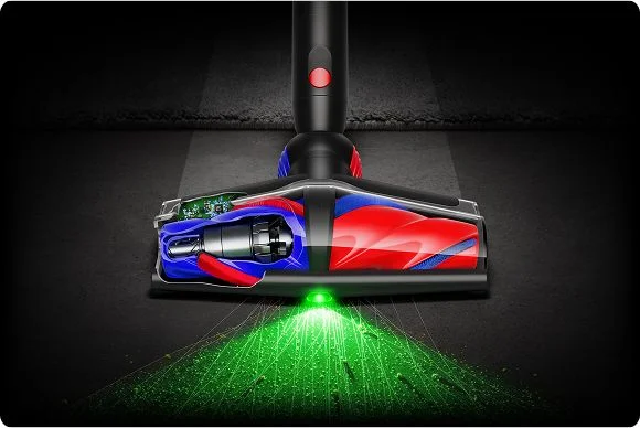 Dyson conical cleaner head illuminates dust and dirt on hard floors.