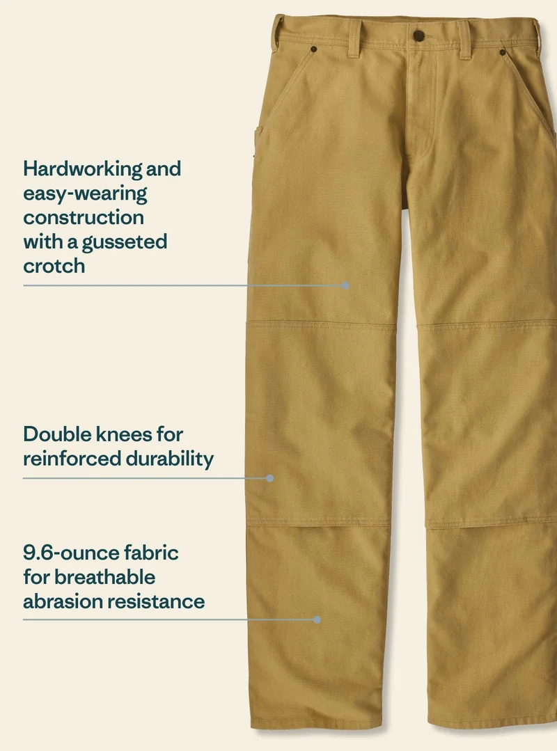 Hardworking and easy-wearing construction with a gusseted crotch. Double knees for reinforced durability. 9.6-ounce fabric for breathable abrasion resistance.