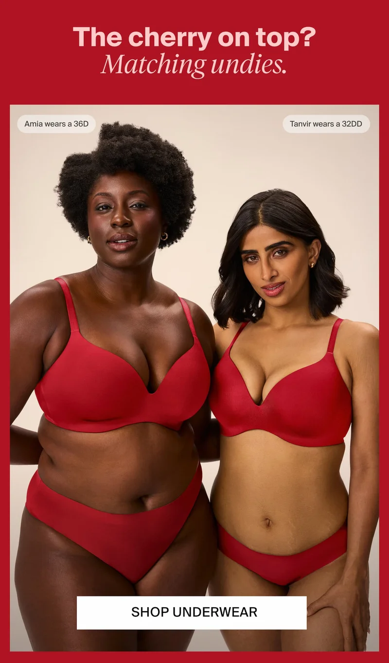 The cherry on top? Matching Undies. Amia wears a 36D Tanvir wears a 32DD - Image 2 models in Uplift push up bra in cherry with matching leakproof undies. Shop Underwear