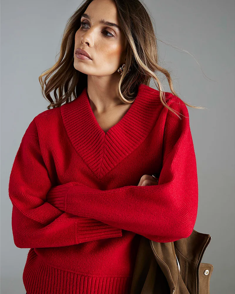 Red Knitted V Neck Jumper