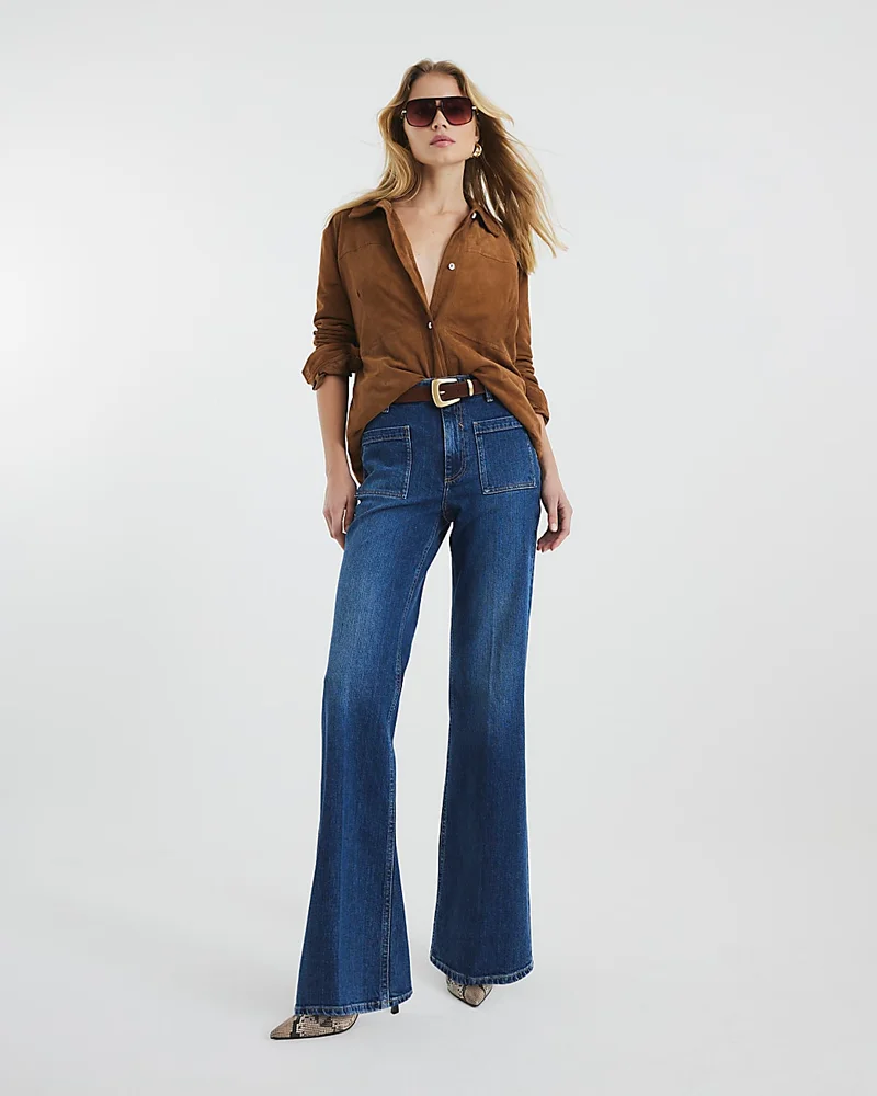 Blue Denim High Rise Relaxed Flare Jeans