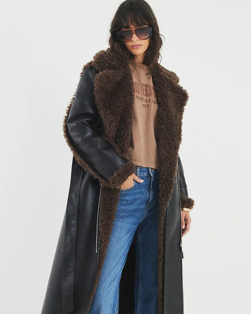 Black Faux Shearling Lined Belted Trench Coat