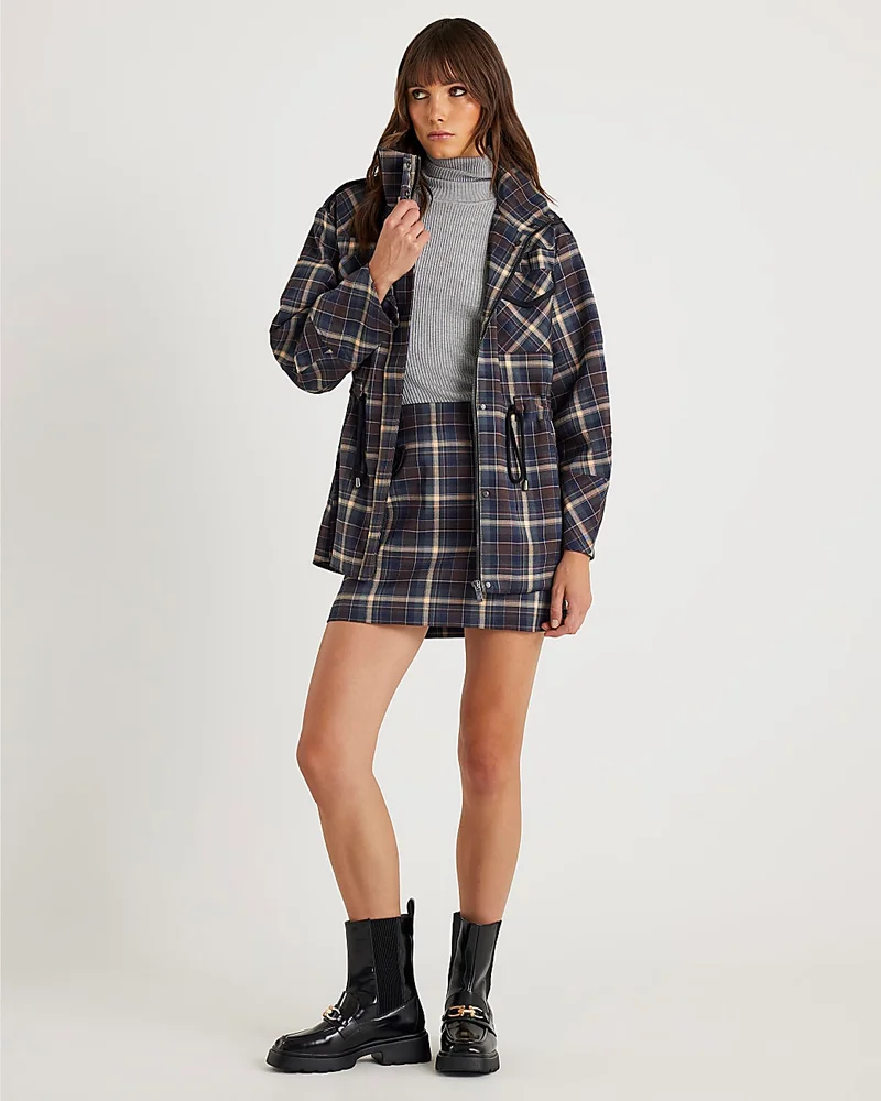 Brown Check Long Sleeve High Neck Jacket