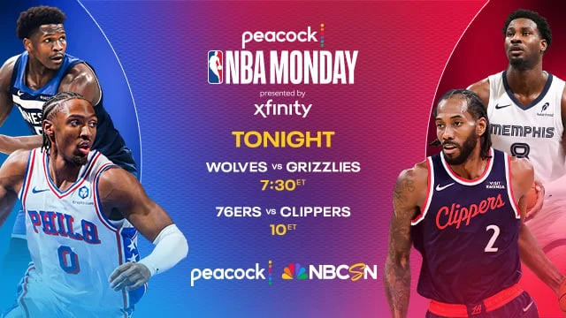 Tonight. Wolves vs. Grizzlies at 7:30p ET. Next 76ers vs. Clippers at 10p ET. Watch on Peacock and NBCSN