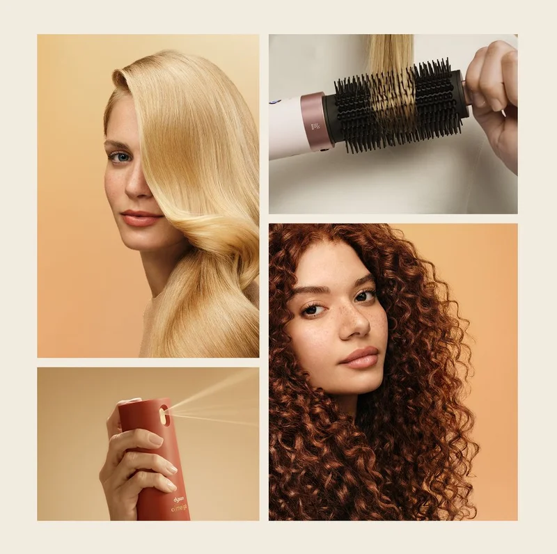 Hair brushed with the Airwrap Round volumising brush, Dyson Omega spray is sprayed, and a pair of models show off their hair.