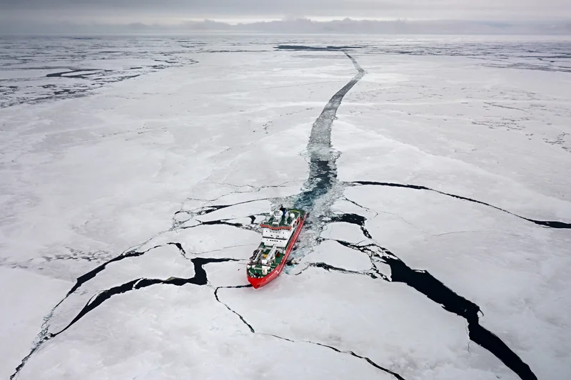 The 440-foot-long icebreaker S.A. Agulhas II pushes through the Weddell’s pack ice during the second hunt for the Endurance. The first search for the wreck, in 2019, came up empty.