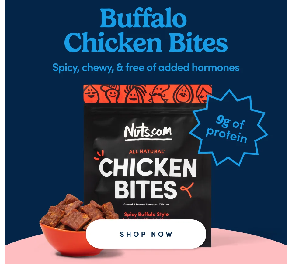 Buffalo Chicken Bites | Spicy, chewy, & free of added hormones | 9g of protein; Shop Now