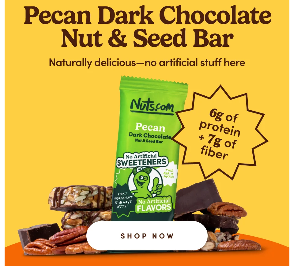 Pecan Dark Chocolate Nut & Seed Bar | Naturally delicious-no artificial stuff here | 6g of protein + 7g of fiber; shop now