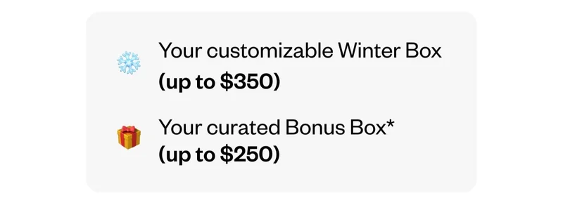 Your customizable Winter Box (up to $350) | Your curated Bonus Box (up to $250)