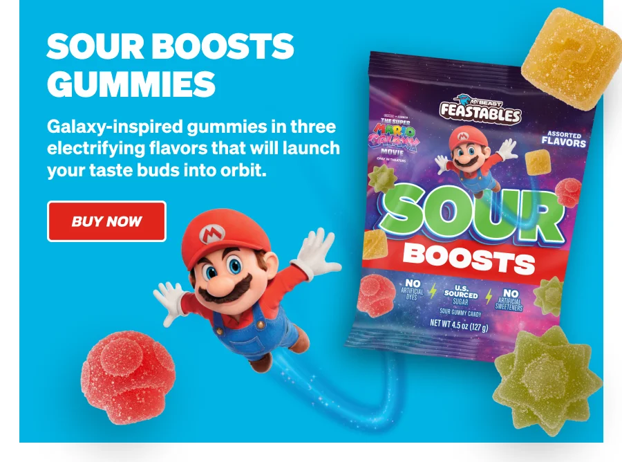 MARIO SOUR BOOSTS GUMMIES: Galaxy-inspired gummies in three electrifying flavors that will launch your taste buds into orbit. Buy now!
