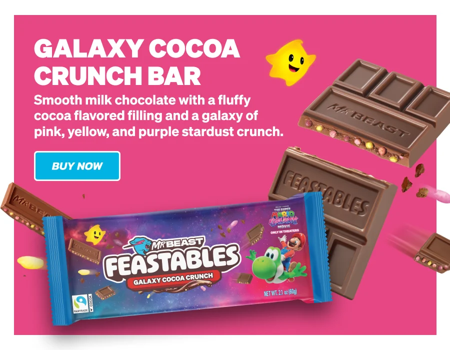 MARIO GLAXAY COCOA CRUNCH BAR: Smooth milk chocolate with a fluffy cocoa flavored filling and a glaxay of pink, yellow, and purples stardust crunch. Buy now!