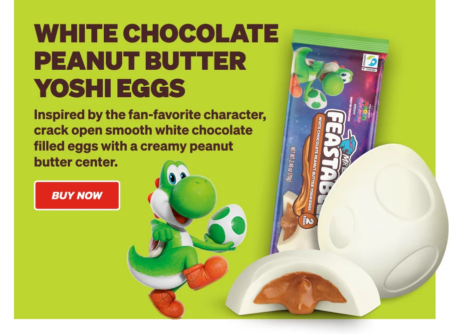 MARIO WHITE CHOCOLATE PEANUT BUTTER YOSHI EGGS: Inspired by the fan-favorite character, crack open smooth white chocolate filled eggs with a creamy peanut butter center. Buy now!