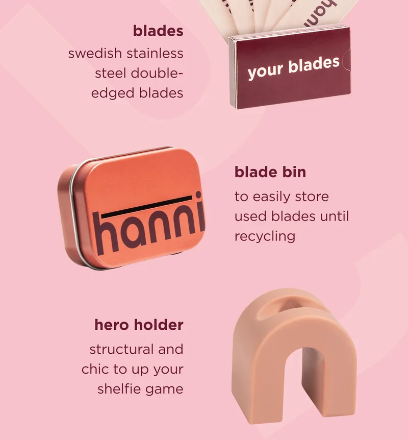 blades: swedish stainless steel double-edged blades blade bin: to easily store used blades until recycling hero holder: structural and chic to up your shelfie game