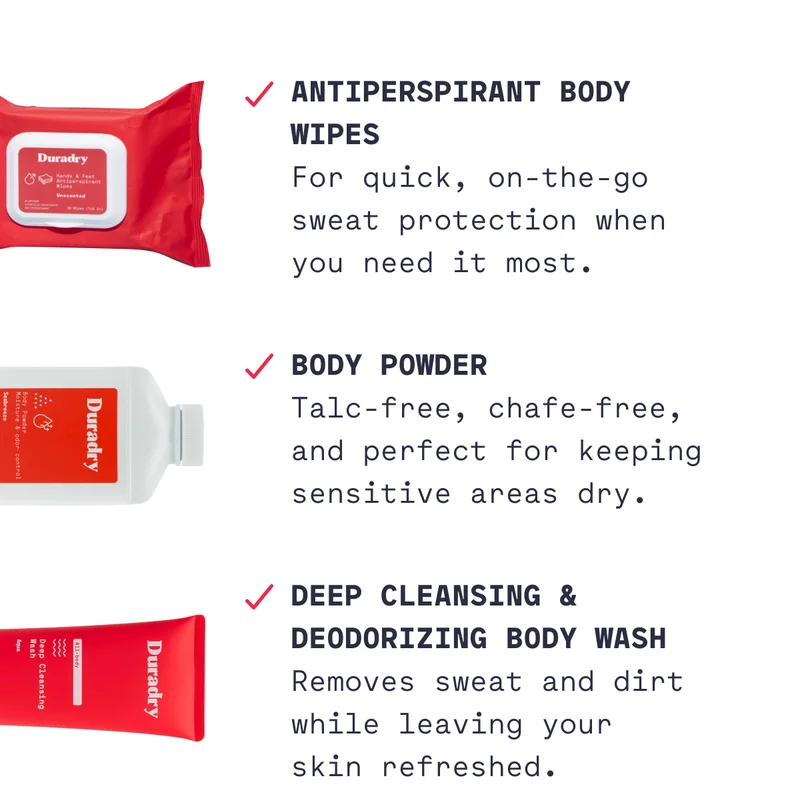 Antiperspirant Body Wipes For quick, on-the-go sweat protection when you need it most. Body Powder Talc-free, chafe-free, and perfect for keeping sensitive areas dry. Deep Cleansing & Deodorizing Body Wash Removes sweat and dirt while leaving your skin refreshed.