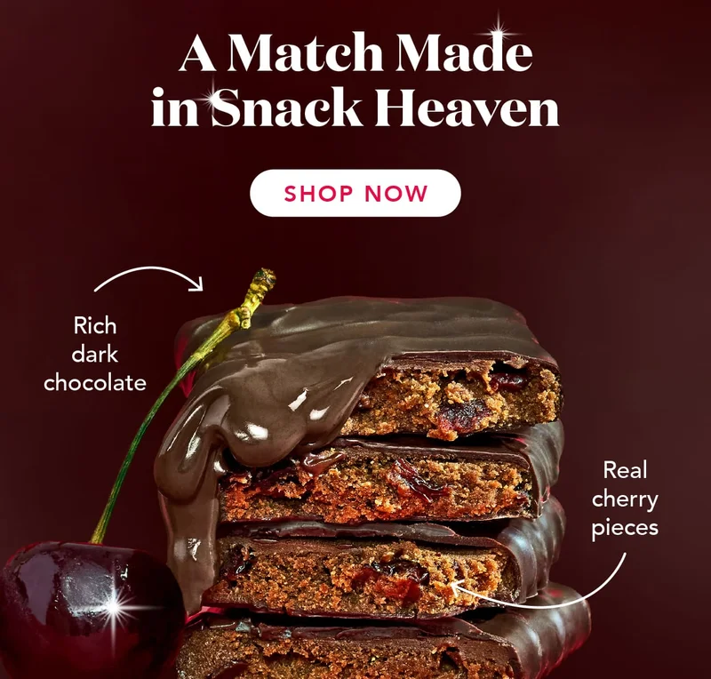 A snack match made in heaven: rich dark chocolate + REAL cherry pieces