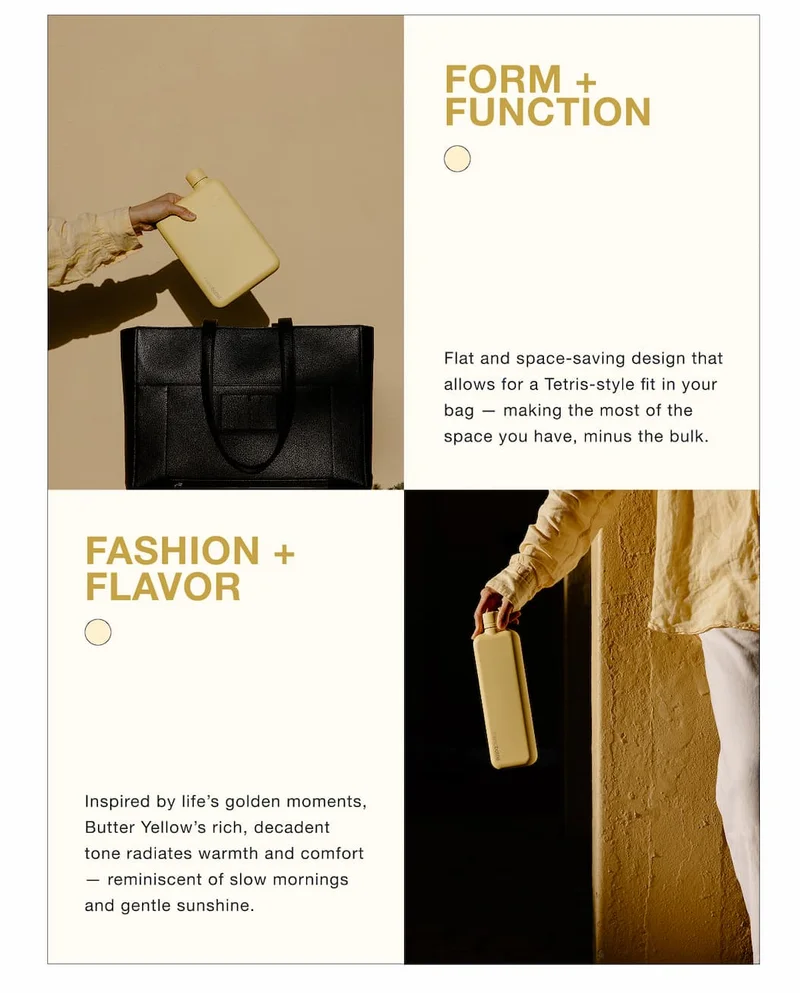 A medium shot shows a hand holding a pale yellow, flat water bottle above a black leather tote bag, with the text FORM + FUNCTION and 'Flat and space-...