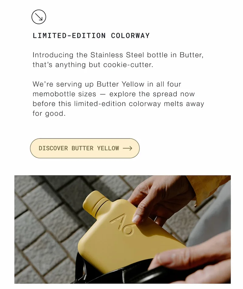 A close-up shot shows a person's hands holding a flat, yellow, stainless steel bottle with the embossed logo 'A6' on its side, as it is placed into a ...