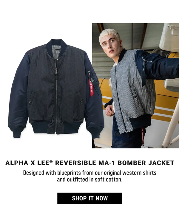 Alpha x Lee Reversible MA-1 Bomber Jacket. Designed with blueprints from our original western shirts and outfitted in sofr cotton. Shop It Now