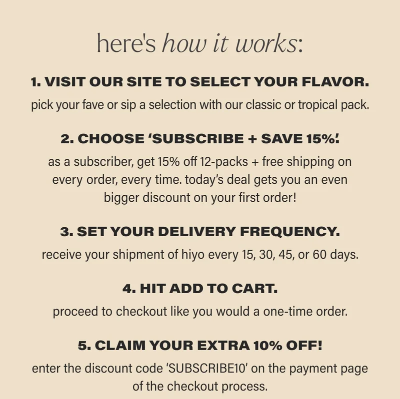 here’s how it works: 1. VISIT OUR SITE TO SELECT YOUR FLAVOR. pick your fave or sip a selection with our classic or tropical pack. 2. CHOOSE ‘SUBSCRIBE + SAVE 15%’. as a subscriber, get 15% off 12-packs + free shipping on every order, every time. today’s deal gets you an even bigger discount on your first order! 3. SET YOUR DELIVERY FREQUENCY. receive your shipment of hiyo every 15, 30, 45, or 60 days. 4. HIT ADD TO CART. proceed to checkout like you would a one-time order. 5. CLAIM YOUR EXTRA 10% OFF! enter the discount code ‘SUBSCRIBE10’ on the payment page of the checkout process.