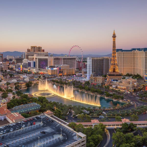 The las vegas strip at sunset